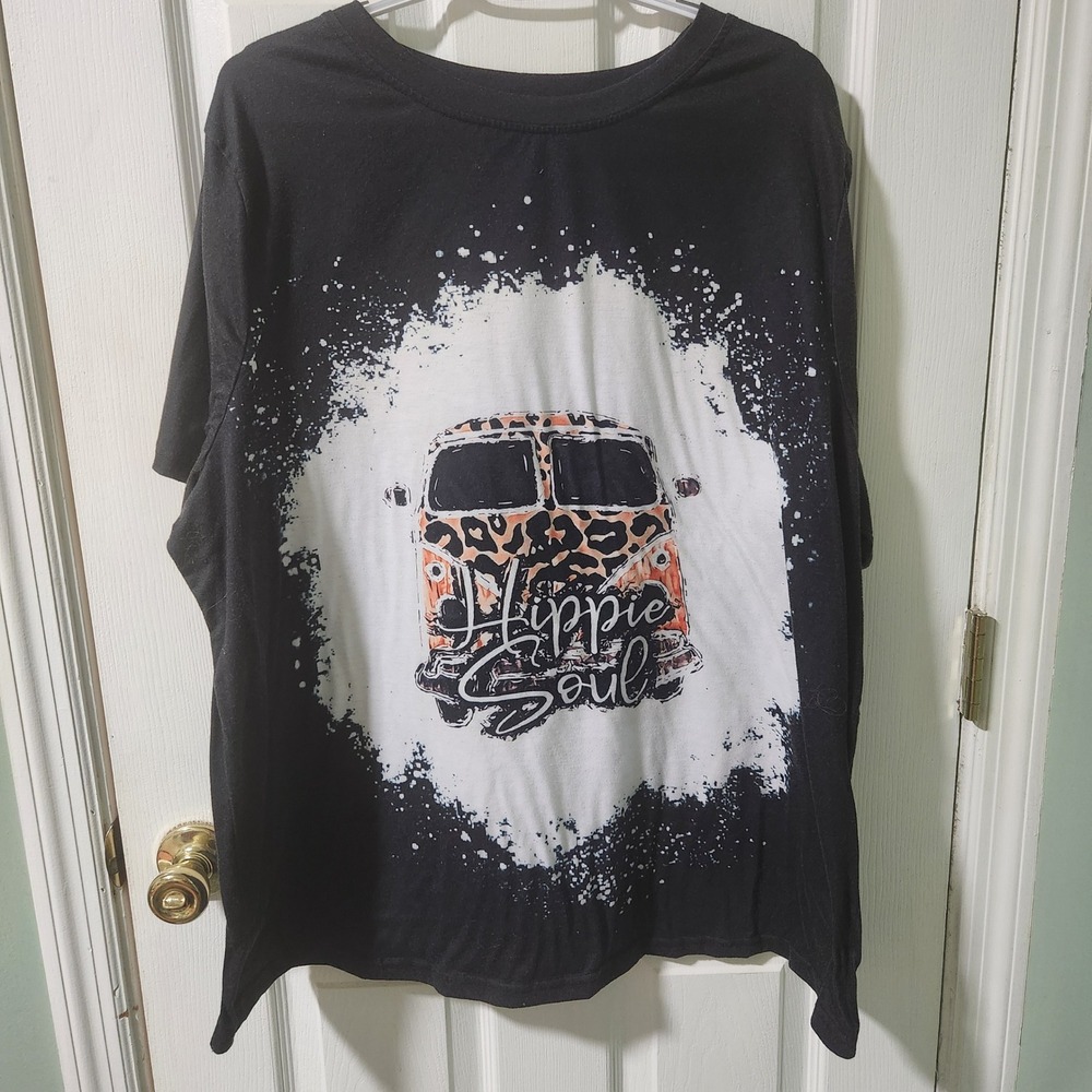 Hippie Soul Leopard Print Van Bleach Splatter Graphic Tee Black Short Sleeve